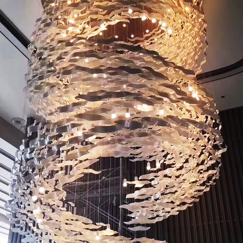 酒店会所售楼部大堂设计师大型创意艺术螺旋鱼群玻璃吊灯