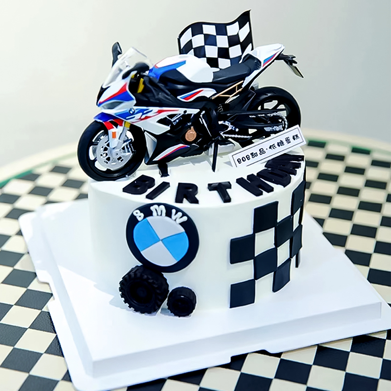 网红宝马摩托车烘焙蛋糕装饰摆件创意男孩生日甜品齿轮车旗配件