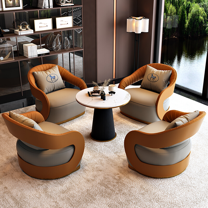 现代商务接待区会客洽谈单人沙发椅轻奢创意镂空家用沙发桌椅组合