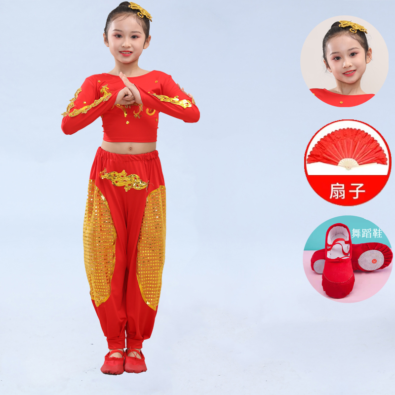 新儿童演出服少年说扇子舞中国风中小学生表演服装打鼓服女童舞蹈