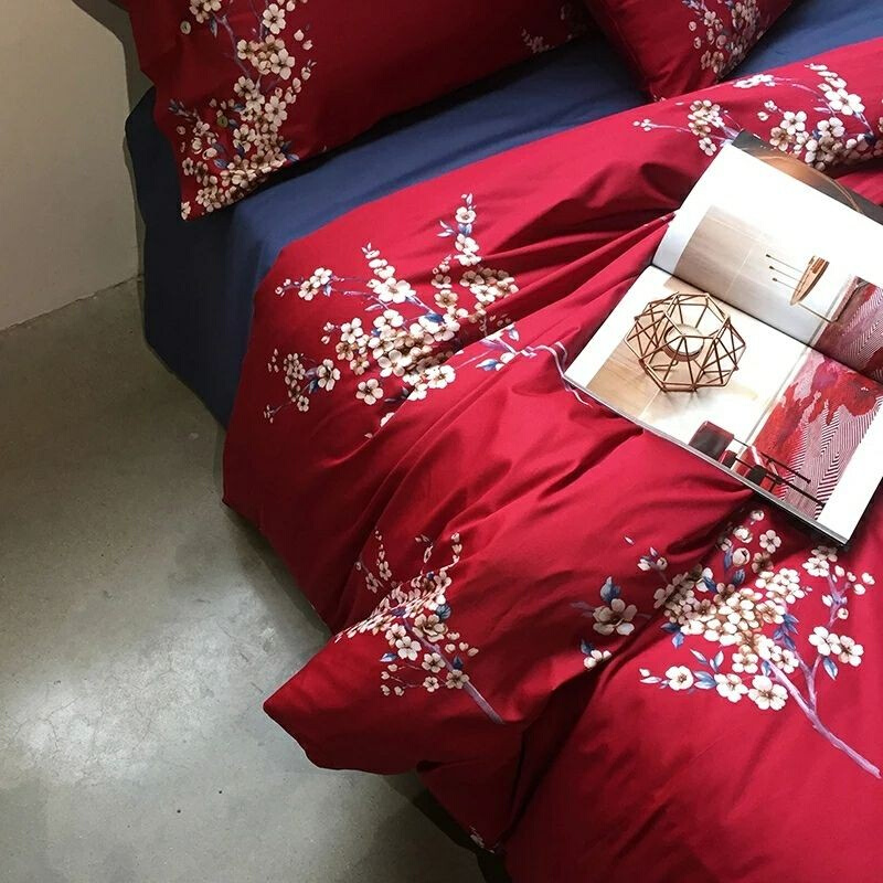 新品中式大红色婚j庆60支长绒棉被套罩三件套 全棉结婚礼物喜被床
