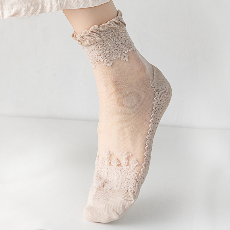 丝袜女薄款短袜子夏纯棉底防滑蕾丝花边冰丝透明水晶玻璃丝中筒袜