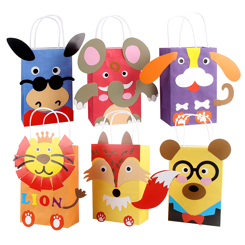 儿童卡通动物手提袋儿童手工DIY材料幼儿园创意黏贴活动牛皮纸袋