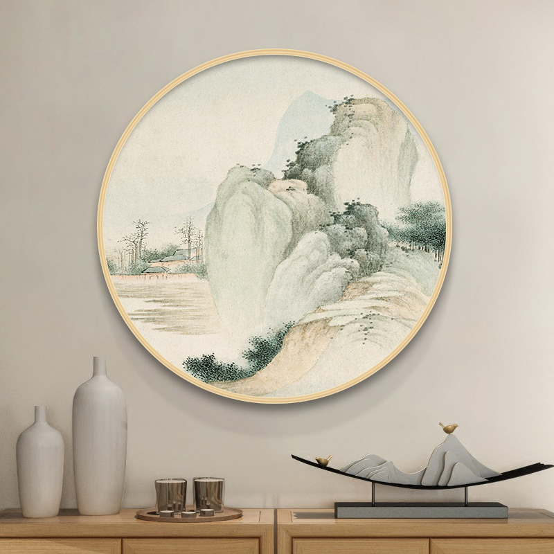 新中式圆形玄关山水画装饰画客厅挂画禅意茶室餐厅走廊中国画壁画