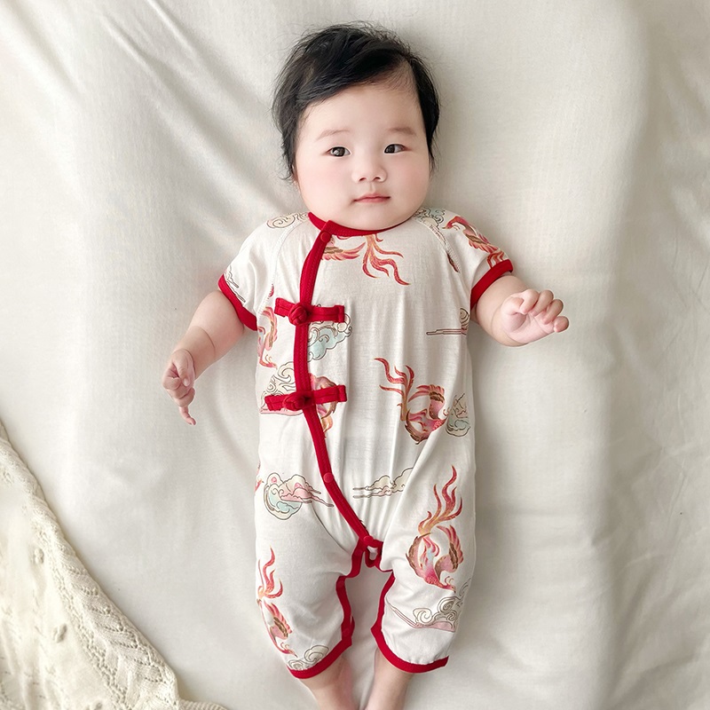 新生儿衣服夏季婴儿偏开睡衣宝宝短袖长裤中国风连体衣满月周岁服