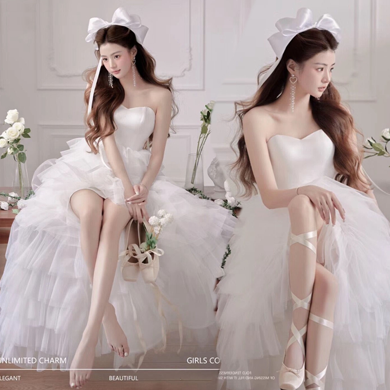 新款韩版影楼主题可爱甜美少女风写真礼服艺术照前短后长绑带婚纱