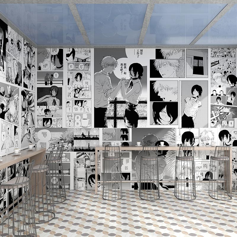 卡通动漫日式电锯人墙纸儿童房卧室床头背景墙布黑白漫画装饰壁纸