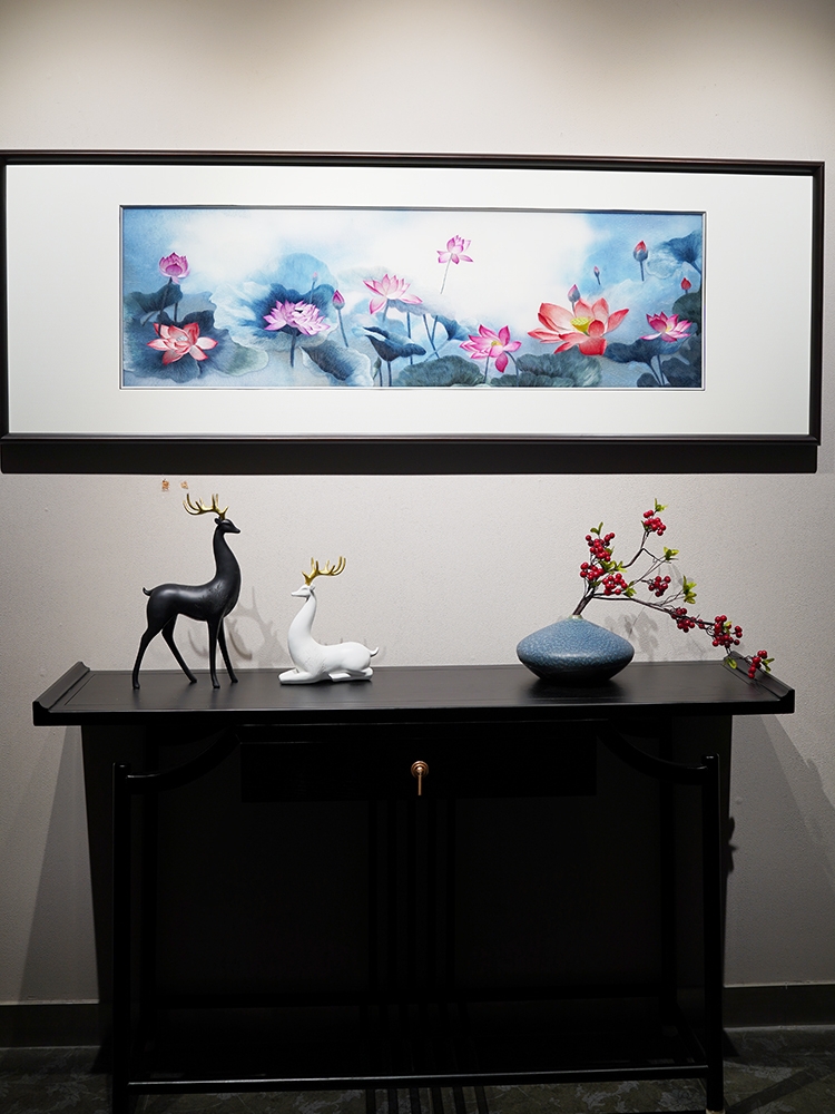 新中式荷花图苏州精品纯手工刺绣带框可定制沙发背景墙客厅装饰画