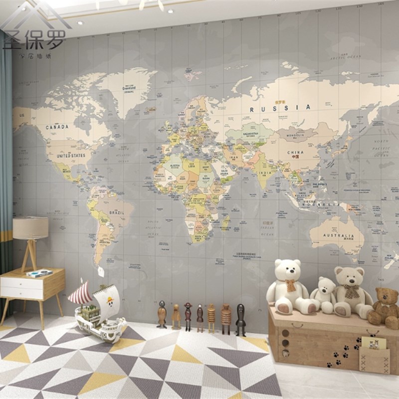 中英文世界地图壁纸儿童房男孩卧室创意书房墙布无缝复古灰色壁纸