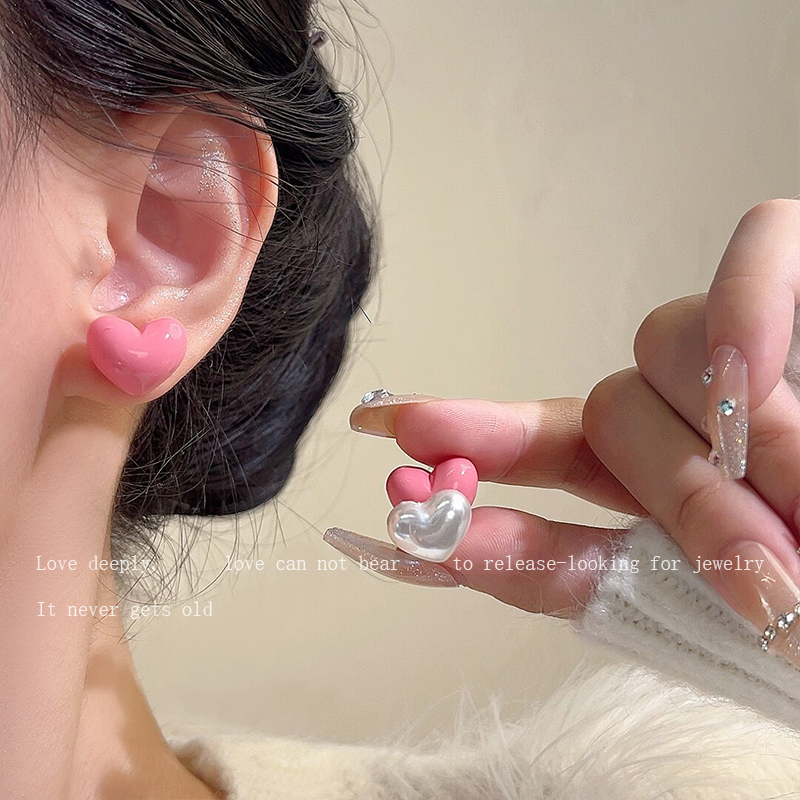 双面粉色爱心珍珠耳环女2023年新款一款两戴气质甜美爱心耳钉配饰