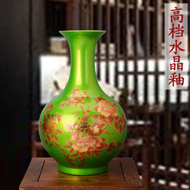高档景德镇陶瓷器 高档中国红水晶釉花开富贵花瓶 现代家饰工艺品