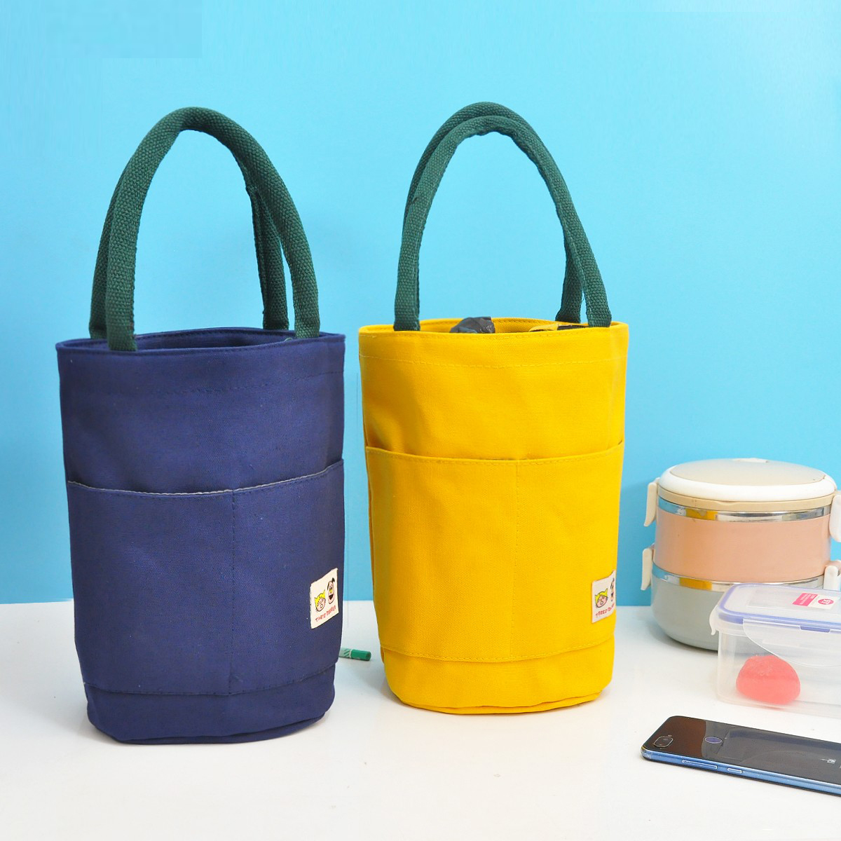 韩版带饭的手提袋子帆布零食卡通手拎袋午餐包饭盒袋圆形圆桶饭兜