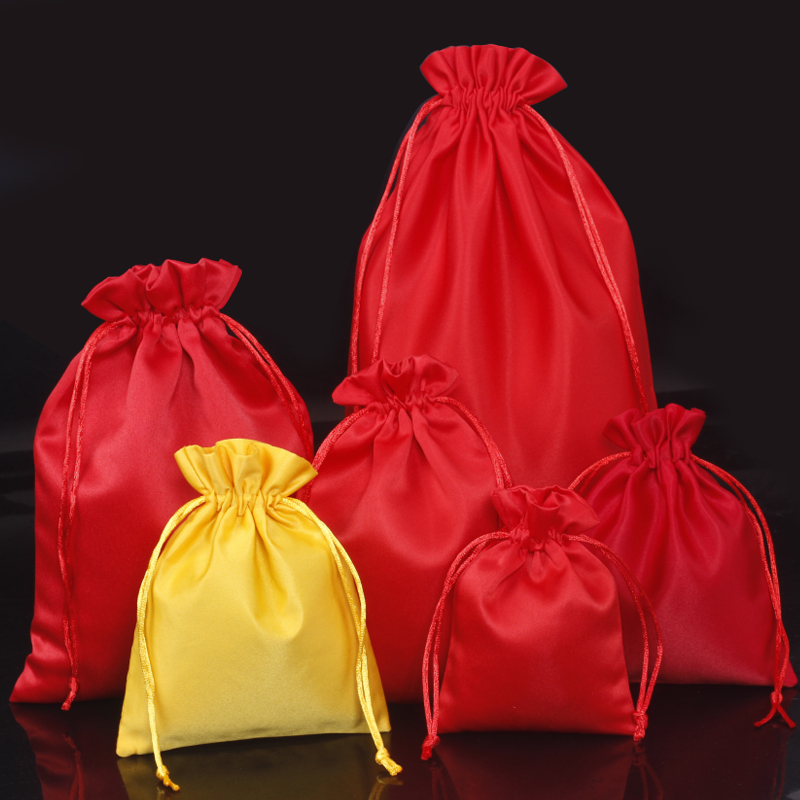 新年福袋纯红色束口袋黄色包装袋绸缎抽绳布袋首饰礼品收纳空袋