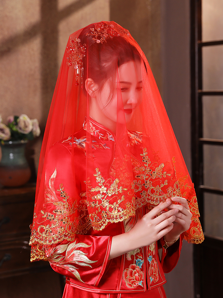 红盖头新娘结婚盖头红色头纱秀禾服高级头巾婚礼纱巾新娘子蒙头红