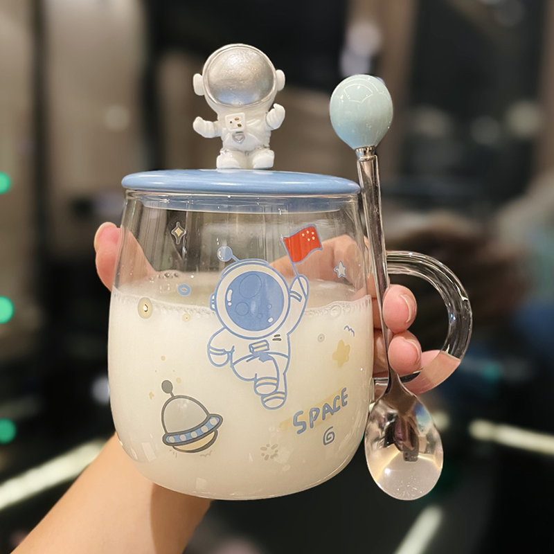 宇航员系列耐热高硼硅玻璃水杯带盖勺把手可加热家用早餐杯燕麦杯