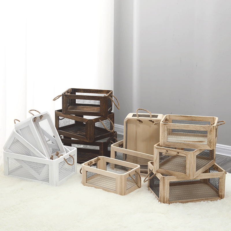 长方形简约复古实木铁艺收纳箱大储物木箱子木盒日式木筐手提桌面