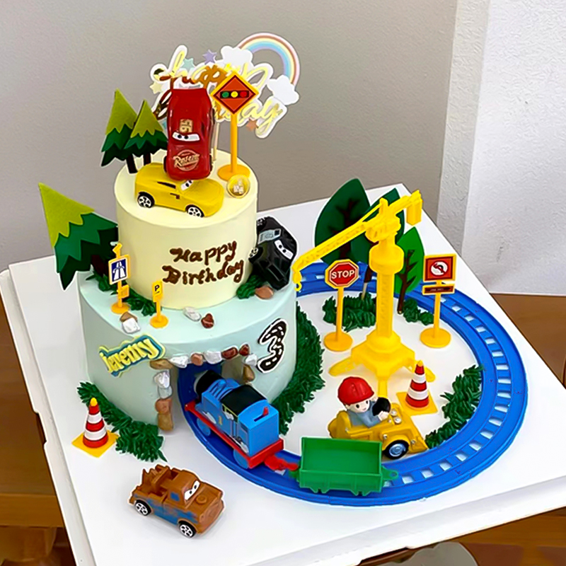 网红钻山洞蛋糕装饰摆件轨道小火车工程车吊塔小汽车玩具男孩生日