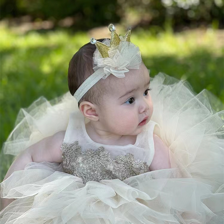手工儿童发饰米白色公主皇冠小女孩立体顶夹发带头饰周岁生日拍照