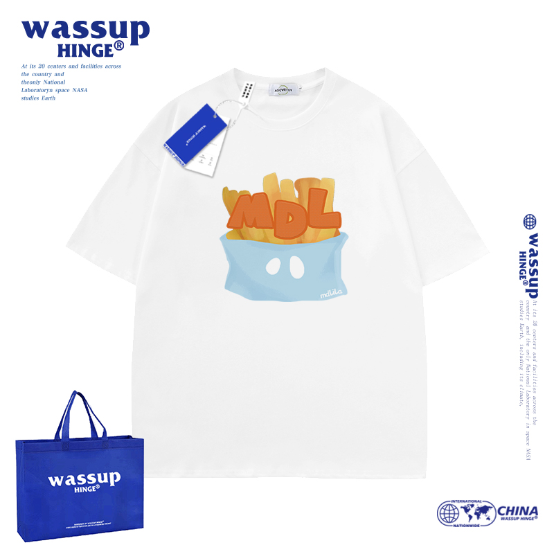 WASSUP HINGE薯条卡通动漫潮牌圆领短袖T恤夏季宽松纯棉半袖体恤