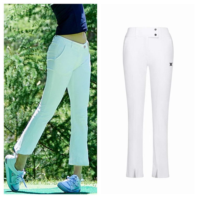 韩国高尔夫女士长裤高腰速干弹力黑白色喇叭9分裤裤户外运动球裤