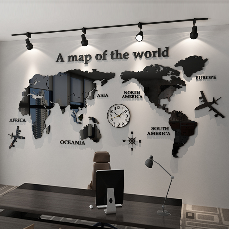 世界地图墙面装饰3d立体亚克力墙贴公司办公室挂件企业文化背景墙