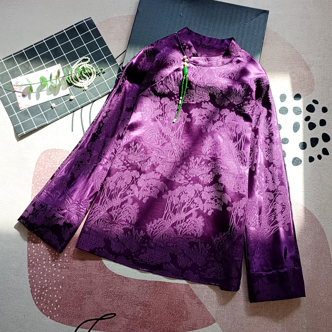 霓裳羽衣 优雅甜美气质 紫色冠乐绉真丝提花新中式长袖阔版女上衣