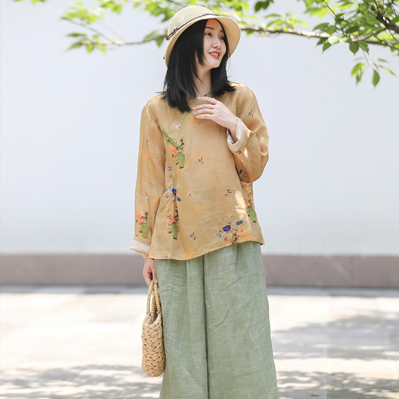 中式复古苎麻夏季长袖上衣中国风盘扣短衬衫民国风气质宽松衬衣