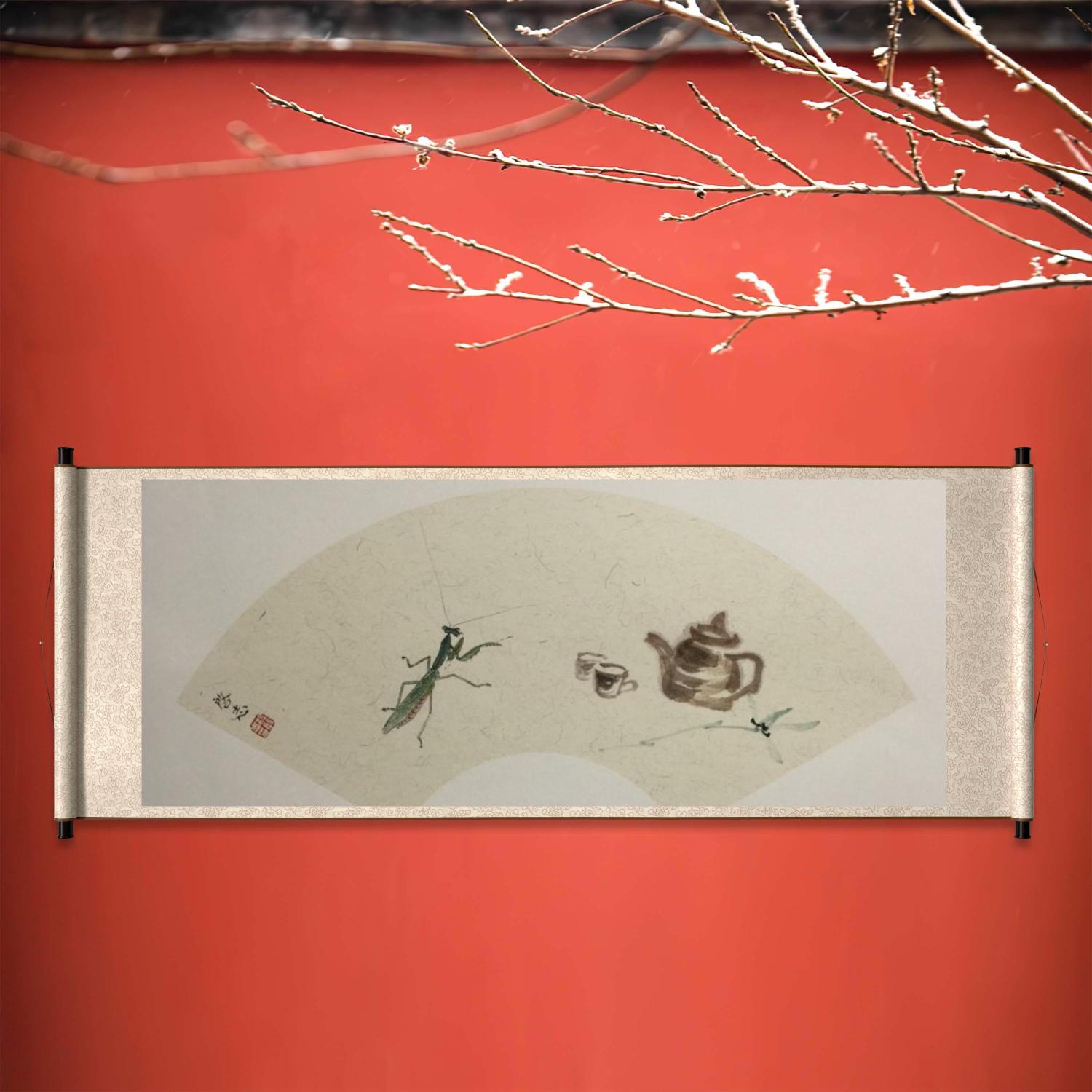国画花鸟画折扇面新中式禅意手绘水墨纸本装饰画挂画昆虫系列螳螂