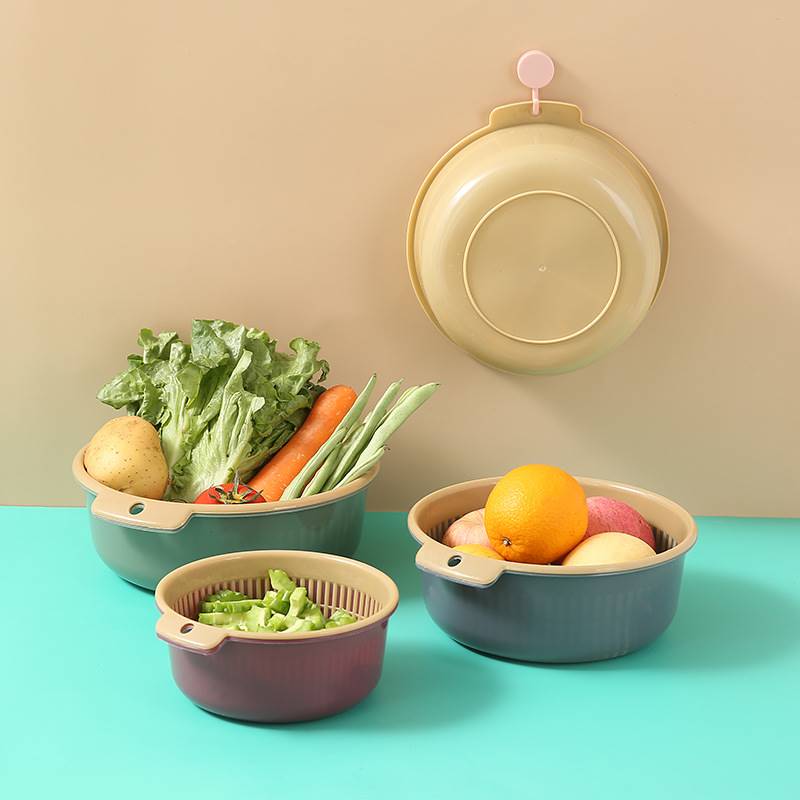 优质北欧双层洗菜篮沥水篮便携厨房塑料镂空沥水淘米多用沥水果篮
