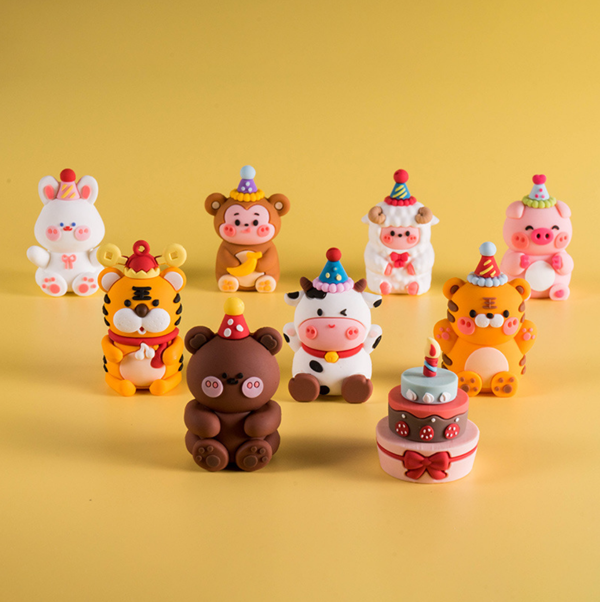 儿童生日蛋糕装饰品软胶派对帽老虎奶牛猴子摆件卡通小熊小兔动物