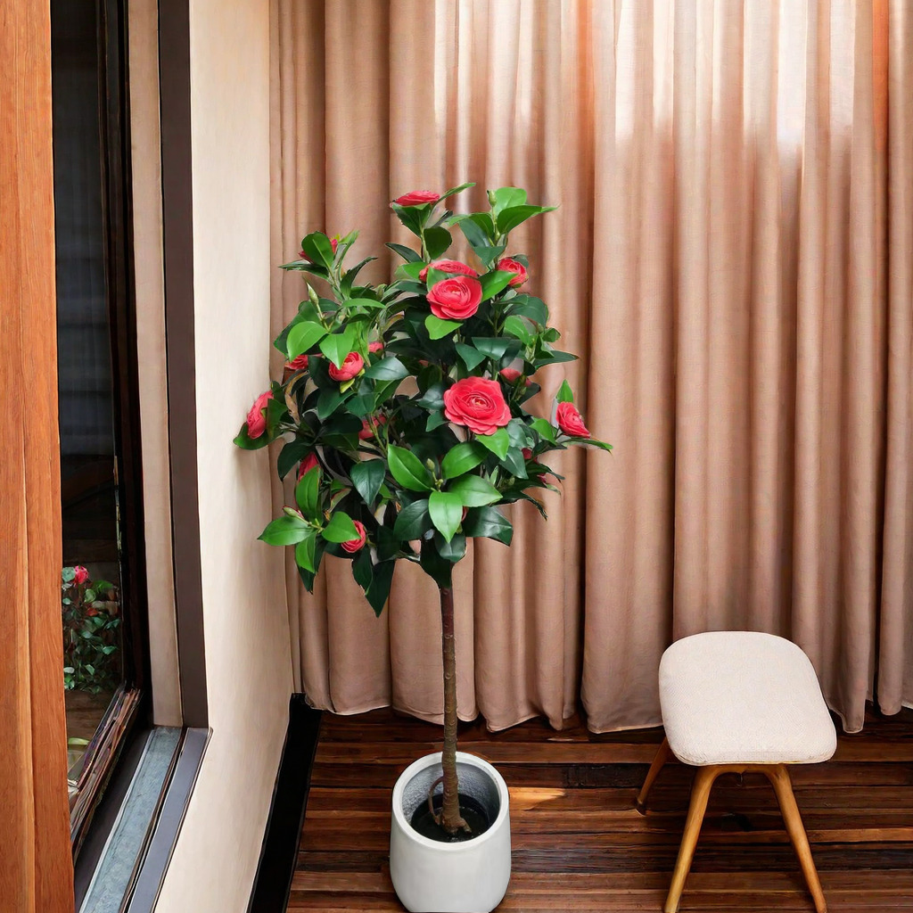 新品仿真绿植茶花玫瑰花树盆栽家居橱窗软装室内直播间造景假花树