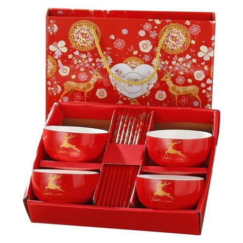 结婚碗筷套装陪嫁礼品红碗红筷子家用中国红陶瓷碗福字碗回礼送礼