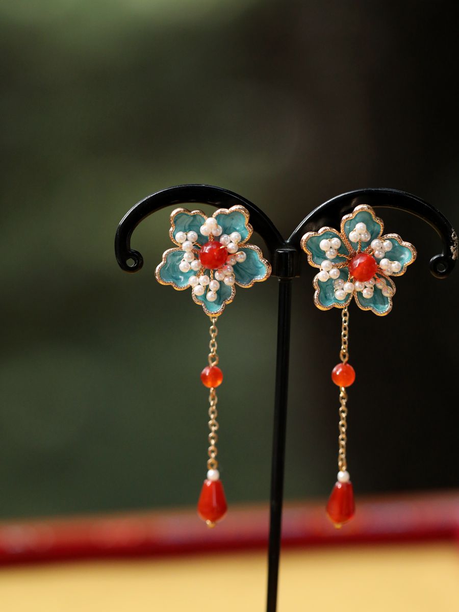 耳钉高级感新中式小众烧蓝花朵珍珠耳饰两用款日常女气质独特耳环