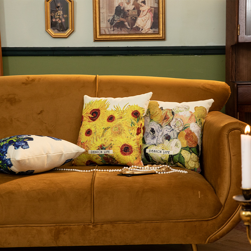 艺术油画风格沙发靠枕双面棉麻抱枕方形枕套含枕芯办公室靠垫腰枕