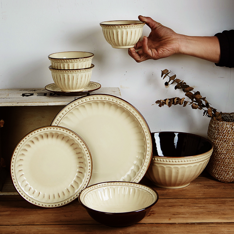 欧式复古陶瓷餐具碗碟套装家用创意饭碗菜盘子西餐碟子高级感微瑕
