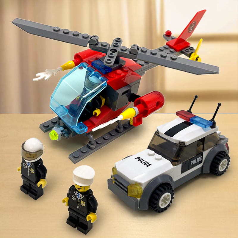 儿童男孩拼装玩具直升飞机系列警察拼图6岁5以上乐高积木军事小车