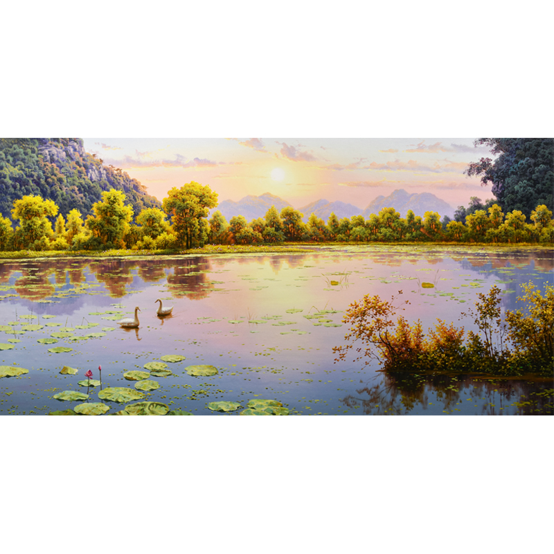 朝鲜风景油画 宽1.6米 李相文 人民艺术家《晚霞下的湖畔》xa423