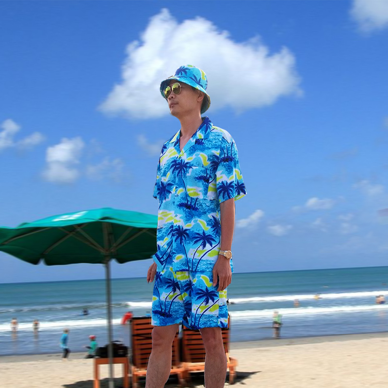 海南岛服旅游休闲衬衫沙滩情侣民族夏威夷短袖蓝色椰子树中国风
