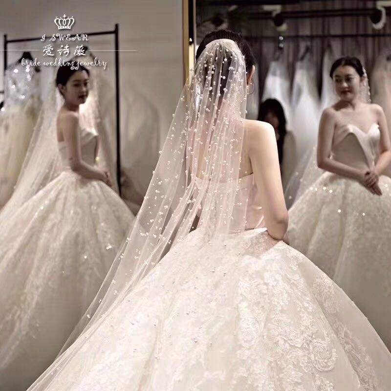 美头纱旅拍珍珠 摄影白色森系拍照头纱唯韩式新娘头纱 婚礼头纱