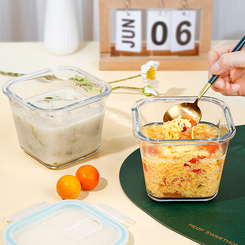 玻璃汤碗家用密封早餐杯微波炉加热专用碗上班族装粥饭盒带盖保鲜