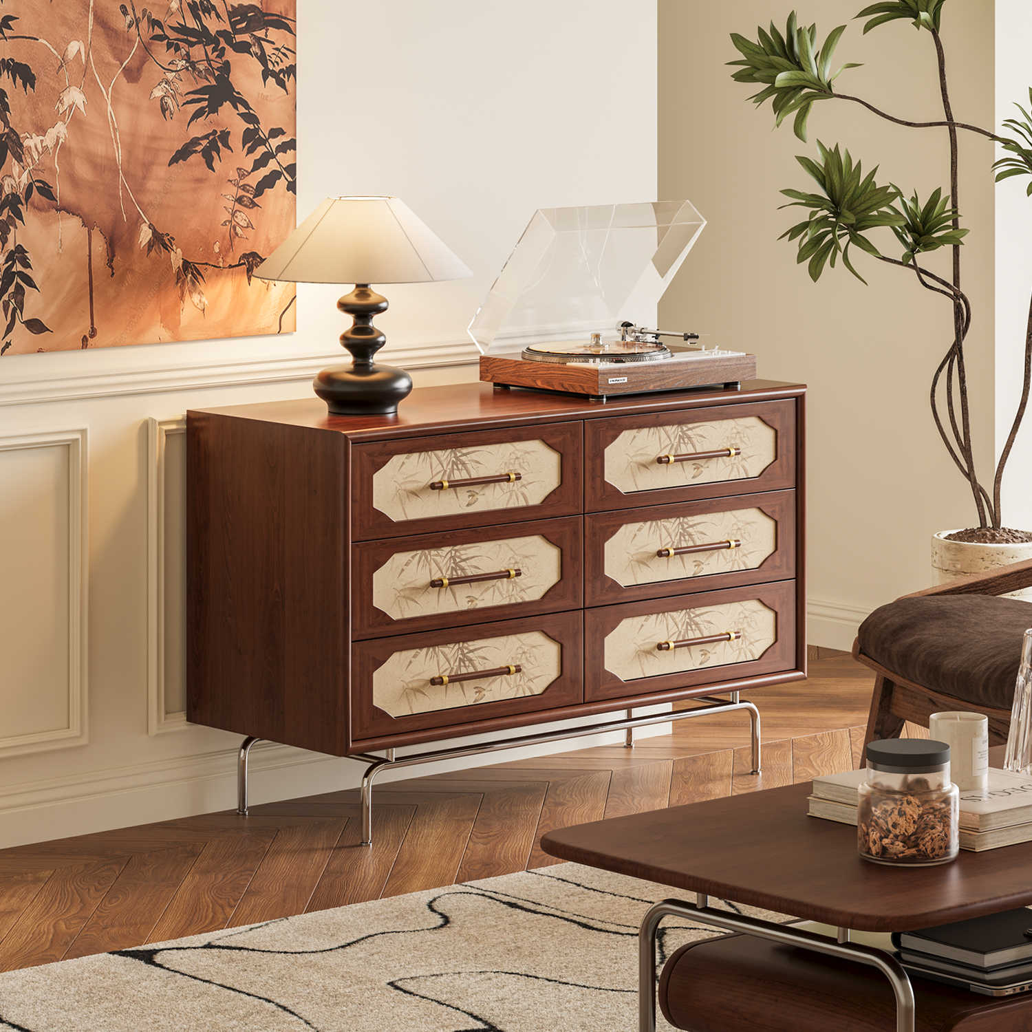 谷及 中古美式实木竹叶斗柜客厅卧室艺术风格储物柜可移动收纳柜