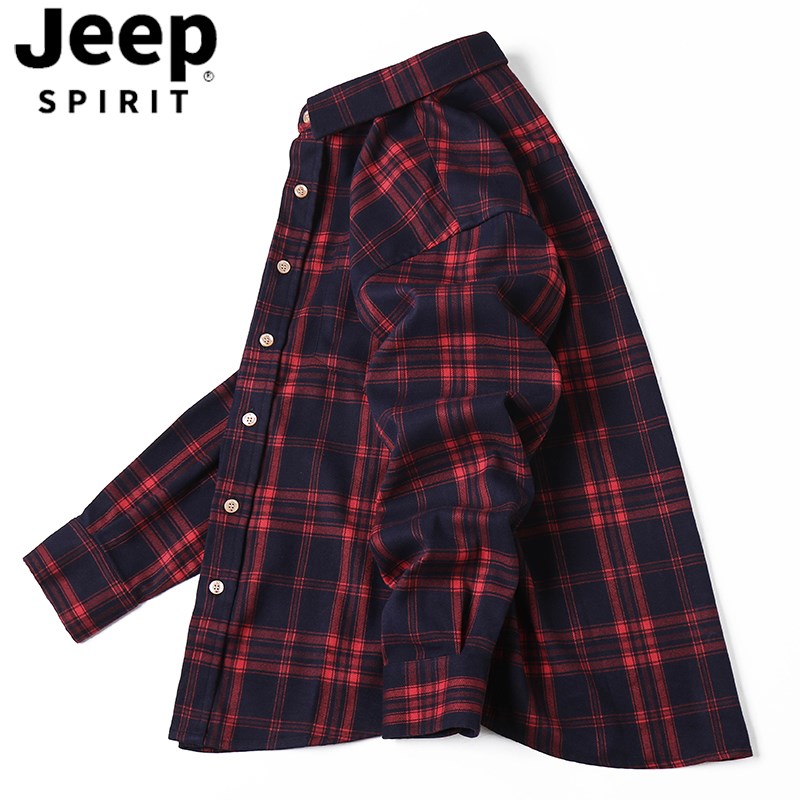 Jeep吉普格子衬衫男春秋季纯棉休闲长袖小格寸衣红色磨毛外套男士