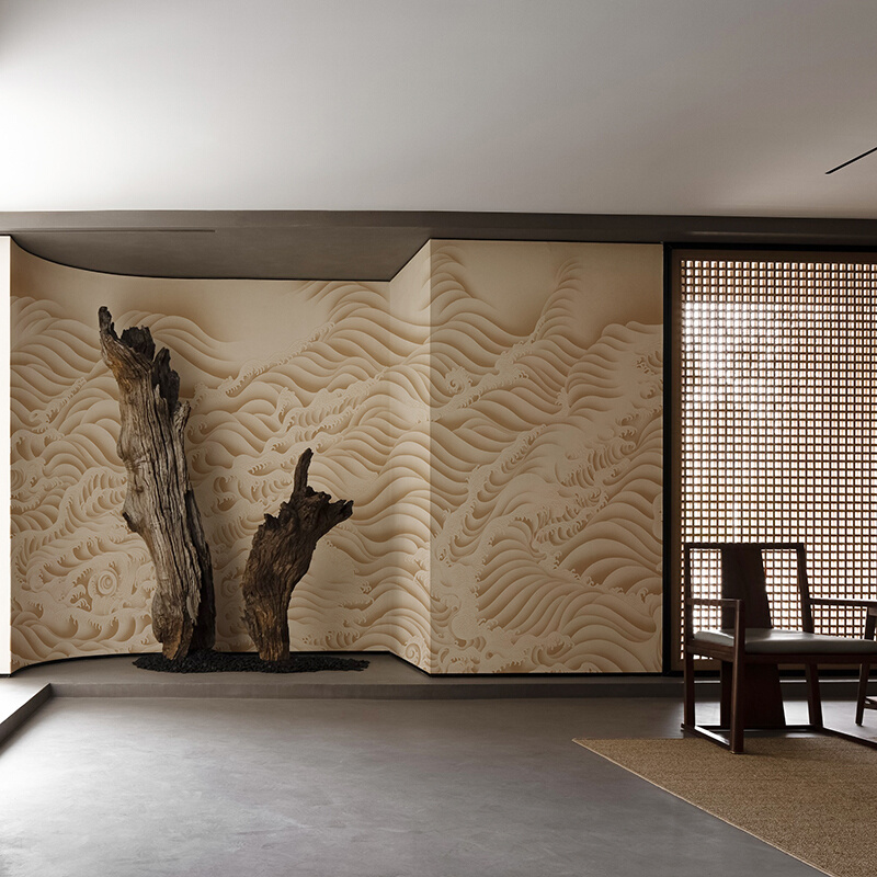 复古大气简约艺术海浪壁纸电视沙发背景墙纸客厅日式装修定制墙布