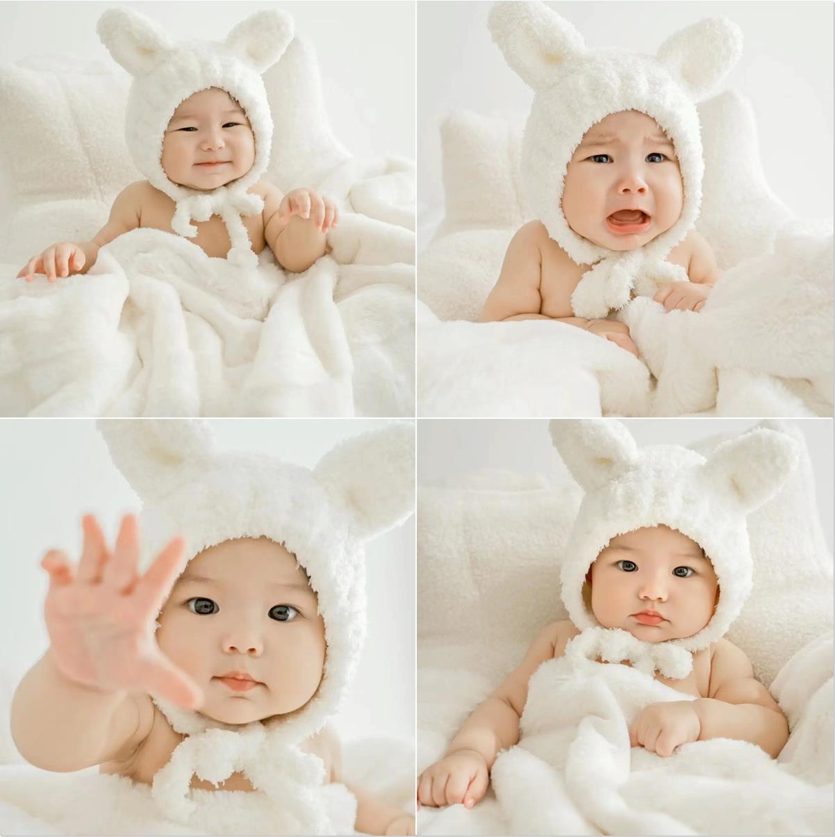 儿童摄影帽子小兔子主题可爱白色兔帽宝宝百天拍照沙发道具毯子