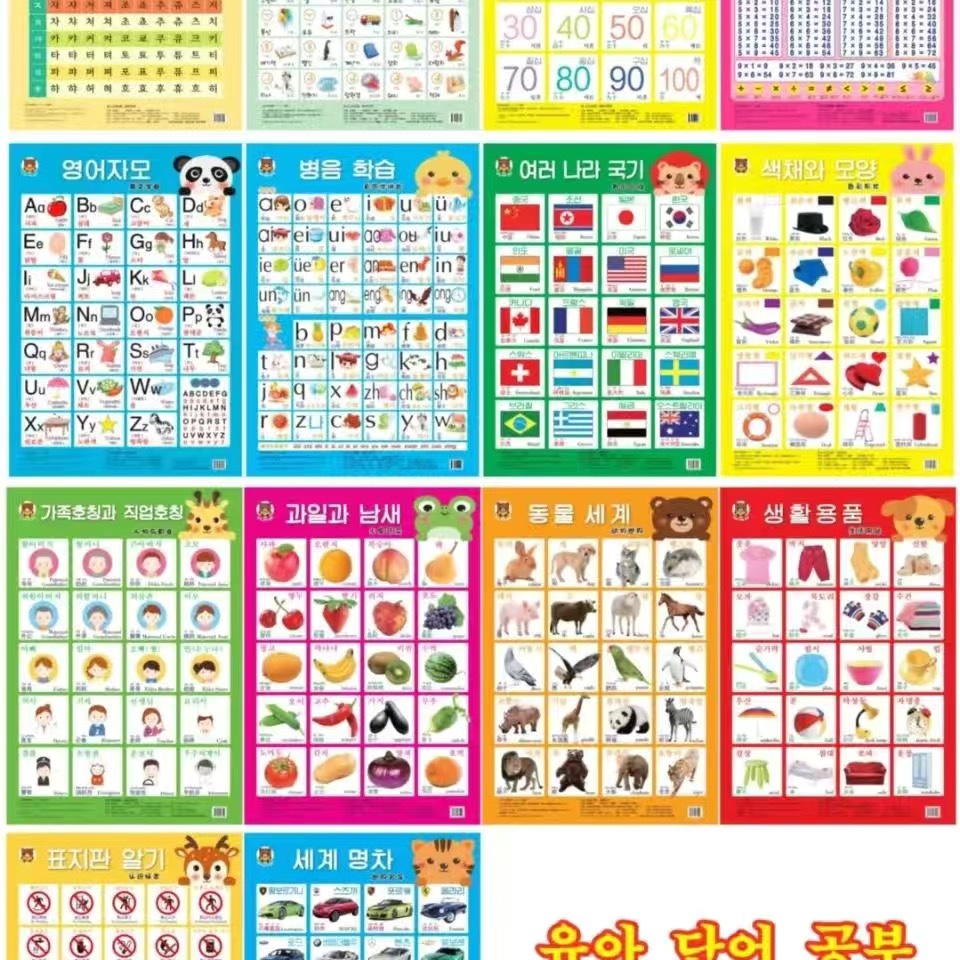 幼儿朝鲜/韩国语挂图全14张字母数字乘法表水果称号