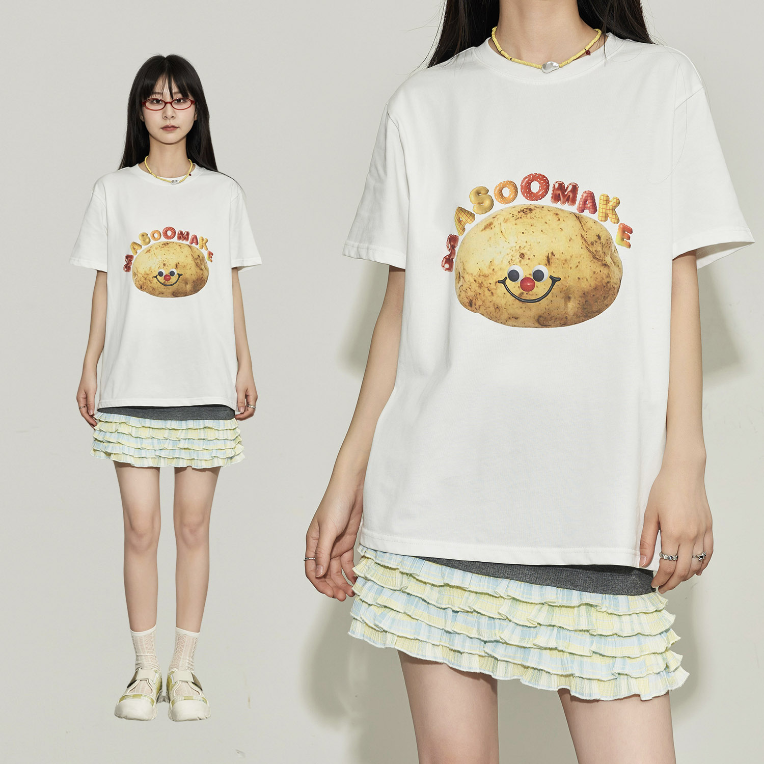 老玛儿夏季趣味印花短袖2024年新款“真逗”土豆T恤学生宽松上衣