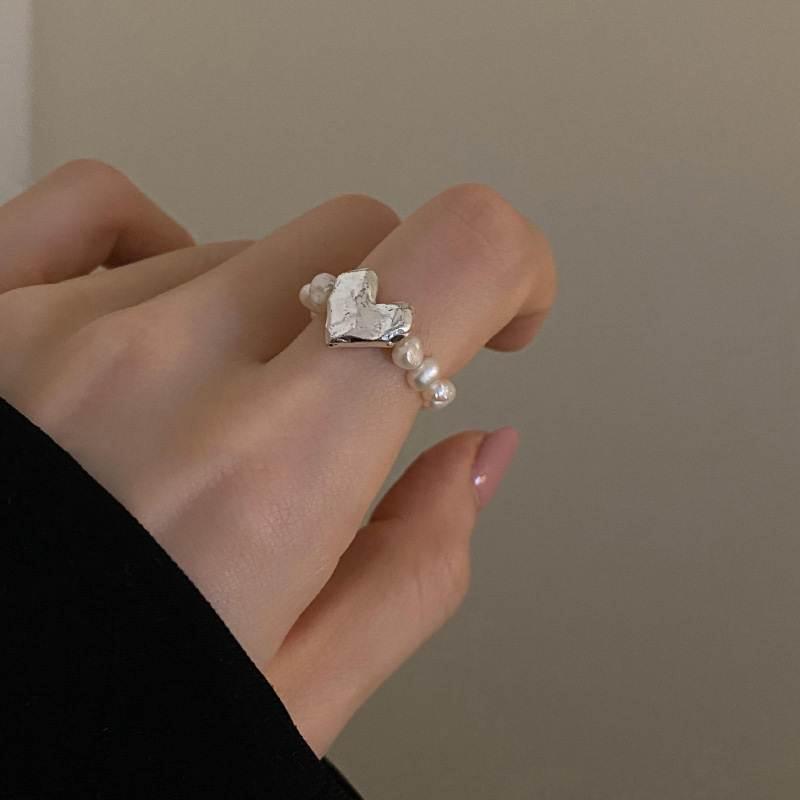 02458法式天然巴洛克珍珠爱心戒指食指弹力小众设计时尚个性指环