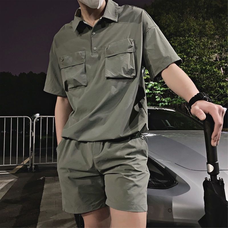 军事风英工装痞帅套装男夏季军绿色短袖短裤两件套男装搭配一套男