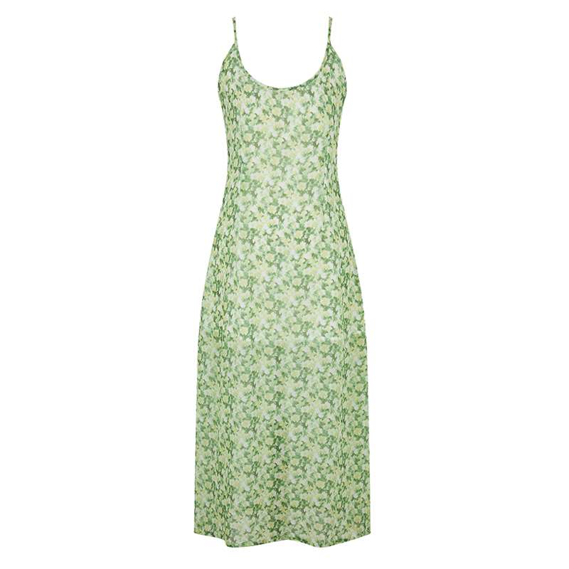 KKKid 连衣裙2021新款女夏季绿色复古风收腰显瘦碎花中.长款吊带