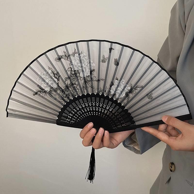 速发扇子摺扇中国风新中式古风小扇子随身携带黑色简约耐用儿童竹